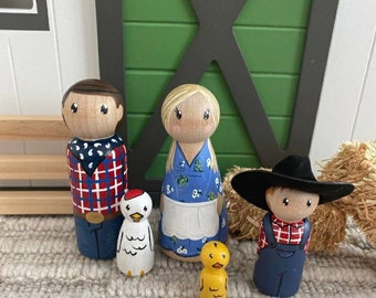 Peg Doll Farm Set, Farm Animals, Wooden Toddler Toy, Farm Toy, Pretend Play, Kids Gift, Toddler Gift, Cow, duck, Pig, Chicken, horse, farmer