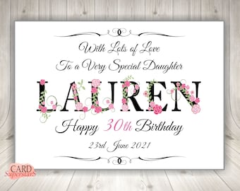Może przedstawiać: Biała kartka z czarnym tekstem i kwiatowym wzorem. Tekst brzmi "With Lots of Love To a Very Special Daughter LAUREN Happy 30th Birthday 23rd June 2021".