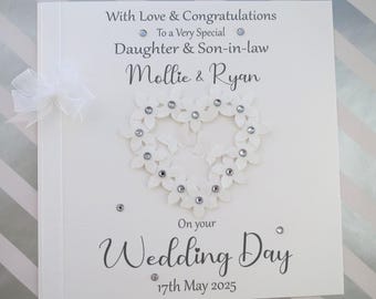 Large 8" Personalised Handmade FlowerHeart Wedding Day Congratulations Card Son & Daughter-in-law, Sister and Brother-in-law,Any/No relation