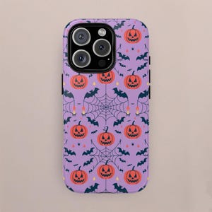 Phone Cases, Pumpkins Purple background with bats for iphone, samsung, google pixel, Halloween Accessories, Spooky Phone Covers, Fall