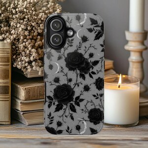 Dark Academia Gothic Phone Case | Skull, Roses & Bookshelf Design | Witchy Aesthetic Protective Cover for iPhone Samsung Pixel