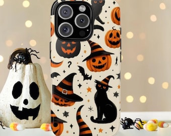 Spooky Halloween Phone Case, Pumpkin & Black Cat Design