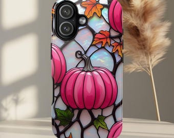 Funda para teléfono con vitral de calabaza: hojas otoñales, diseño otoñal