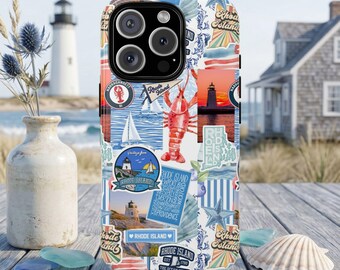 Funda resistente con collage de pegatinas náuticas de Rhode Island / Funda para teléfono con diseño de faro de langosta y velero