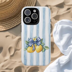 Zitrone Gestreifte Handyhülle, Sommerlicher Italien Muster in Blau, Robuste Robuste Handyhülle, Passt für iPhone, Samsung, Google Pixel
