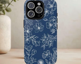 Navy Blue Floral Phone Case | Protective, Wireless Charge Compatible