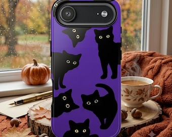 Funda para teléfono con estampado de gato negro / Gatito morado de Halloween
