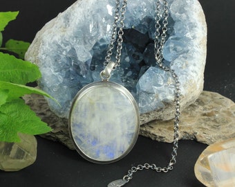 Statement necklace with rainbow moonstone - Handmade C0504