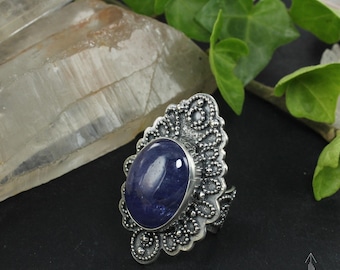 Boho mandala style ring in sterling silver and Tanzanite - Handmade B0330