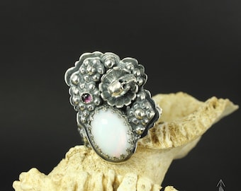 Opal ring - Skull ring - Sterling silver ring - Sugar skull ring - Flower ring - Handmade B0371