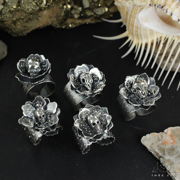 Skull and Flower sterling silver ring - Handmade B0344
