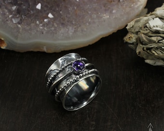 February 2021 birthstone collection Amethyst and Owl meditation ring - Handmade B0481