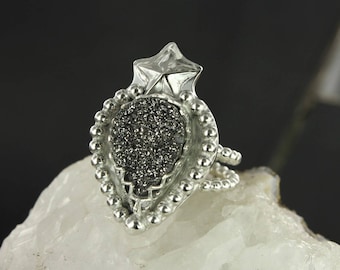 Druzy agate ring - Heart ring  - Sparkle ring - Star ring - Goddess ring - Handmade B0078