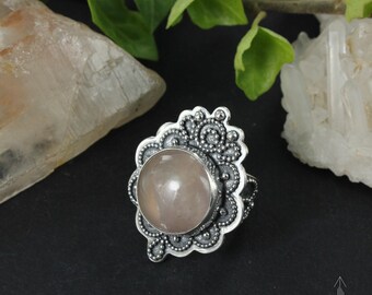 Anello in stile mandala Boho in argento sterling e quarzo rosa - Handmade B0338