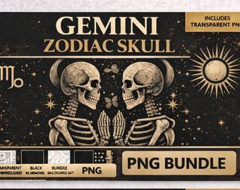 Gemini  bundle Zodiac Skull PNG, Gothic Astrology Tattoo Art (Digital Download)