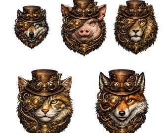 Steampunk Animal PNG Bundle 5 Designs Transparent Background