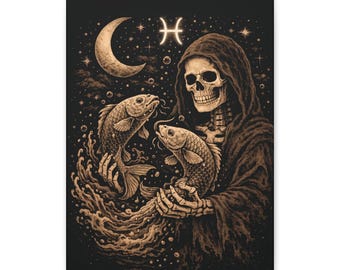 Pisces Skeleton PNG, Gothic Tattoo Art, Dark Zodiac Wall Art (Digital Download) BUNDLE