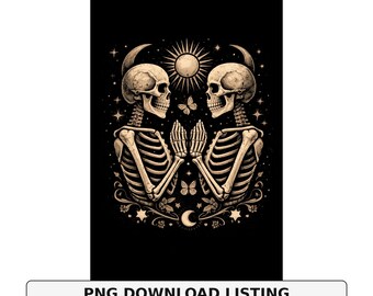 Gemini Zodiac Skeleton PNG: Gothic Tattoo Astrology Art (Digital Download)