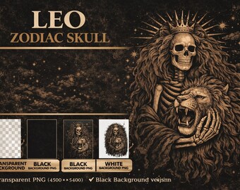 Leo Zodiac Skeleton PNG: Gothic Tattoo Astrology Art (Digital Download)