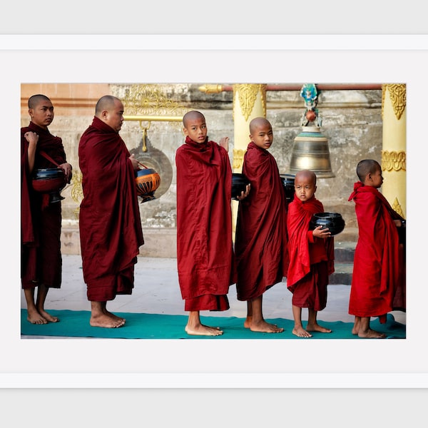 Buddhist Monks Photography, Buddhist Fine Art Print, Myanmar Poster, Red Wall Art, Meaningful Gift, Portrait, People, Meditation, Bagan