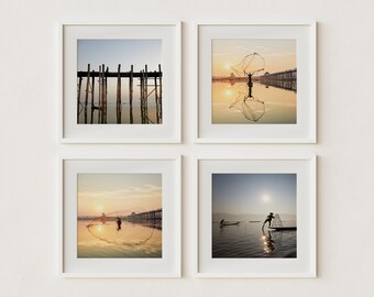 Set of 4 Prints of Lakes in Myanmar (Burma), neutral colors photography, U Bein and Inle Lake, square wall gallery, minimalist print