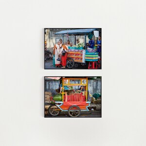 ストリートフードの写真、ファインアートプリント2枚セット、キッチンウォールアート、明るい色の室内装飾、ミャンマー旅行写真、スクエアプリント