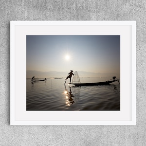 Sunrise over Inle Lake, Myanmar, travel photography, fishing, landscape, water, sun,  boats, minimalist, Asia, wall art, fine art print