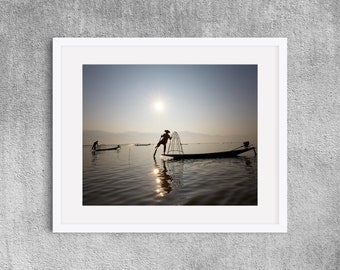 Sunrise over Inle Lake, Myanmar, travel photography, fishing, landscape, water, sun,  boats, minimalist, Asia, wall art, fine art print