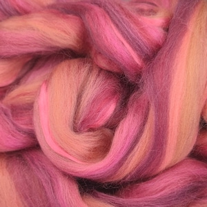 May include: Close-up of a bundle of pink, orange, and purple wool roving. The wool is soft and fluffy, and the colors are blended together in a beautiful way.