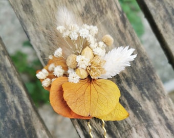 Pic à cheveux / chignon "Ambre" hortensias jaune moutarde,  fleurs séchées et stabilisées jaune, naturel, caramel