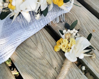 Boutonnière marié et témoins "Ilona" fleurs séchées et stabilisées jaune, moutarde, ivoire