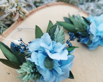 Boucles d'oreilles mariée "Celeste" hortensias beu clair,  fleurs séchées et stabilisées bleu, turquoise, mint, hiver