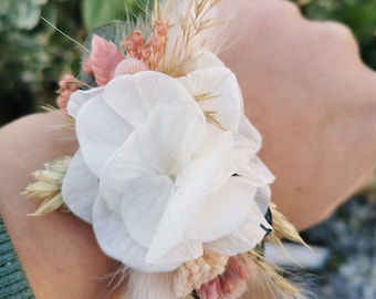 Bracelet demoiselle d'honneur "Daphné"  fleurs séchées et stabilisées rose pâle, vieux rose, blanc, vert