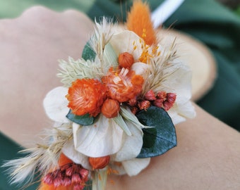 Bracelet demoiselle d'honneur "Giulia"  fleurs séchées et stabilisées terracotta orange vert