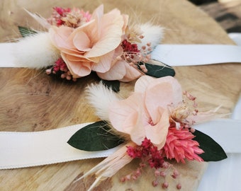 Bracelet demoiselle d'honneur "Tahina  fleurs séchées et stabilisées blanc et rose