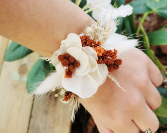 Bracelet demoiselle d'honneur "Sofia"  fleurs séchées et stabilisées ivoire et terracotta