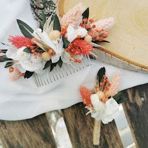 Boutonniere for groom and witnesses "Alyzée" dried flowers, white preserved hydrangeas, coral, peach