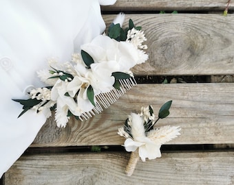 Boutonnière marié et témoins "Isidore" fleurs séchées, hortensias stabilisées ivoire, blanc et feuillages