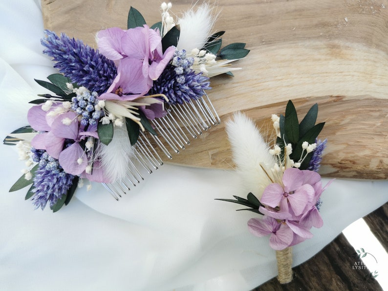 Peigne fleuri Anaïs fleurs séchées et stabilisées lavande, lilas, blanc/ivoire image 2