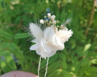 Pic à cheveux / chignon "Jeanne" fleurs séchées et stabilisés, blanc, ivoire, eucalyptus, gypsophile, hortensia et pampa