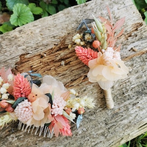 Peigne fleuri Cléophée fleurs séchées et stabilisées rose, corail, saumon , vert image 2
