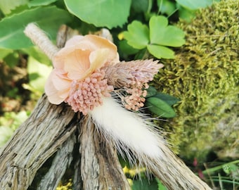 Boutonnière marié et témoins "Rosa" fleurs séchées et stabilisées hortensia, eucalyptus, gypsophile blanc et vieux rose