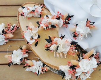 Boucles d'oreilles mariée "Mila" hortensias blanc,  fleurs séchées et stabilisées blanc, corail et orange clair