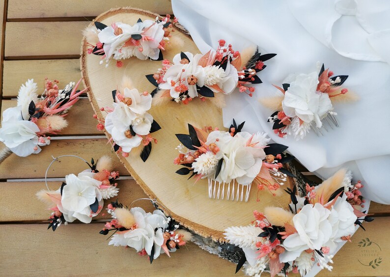 Mila bridal earrings with white hydrangeas, dried and stabilized white, coral and light orange flowers image 1