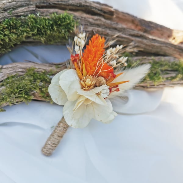 Boutonnière marié et témoins "Aylin" fleurs séchées, beige, naturel, ivoire, bohême