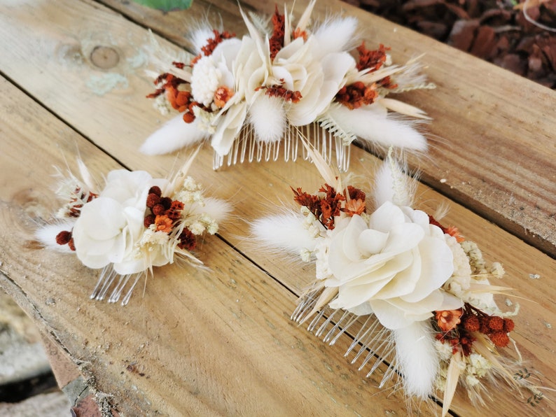 Peigne fleuri Sofia fleurs séchées et stabilisées ivoire et terracotta image 3