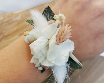 Bracelet demoiselle d'honneur "Hanaé"  fleurs séchées et stabilisées blanc et rose pâle