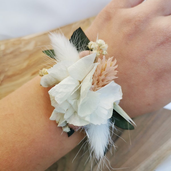 Bridesmaid bracelet "Hanaé" white and pale pink dried and stabilized flowers