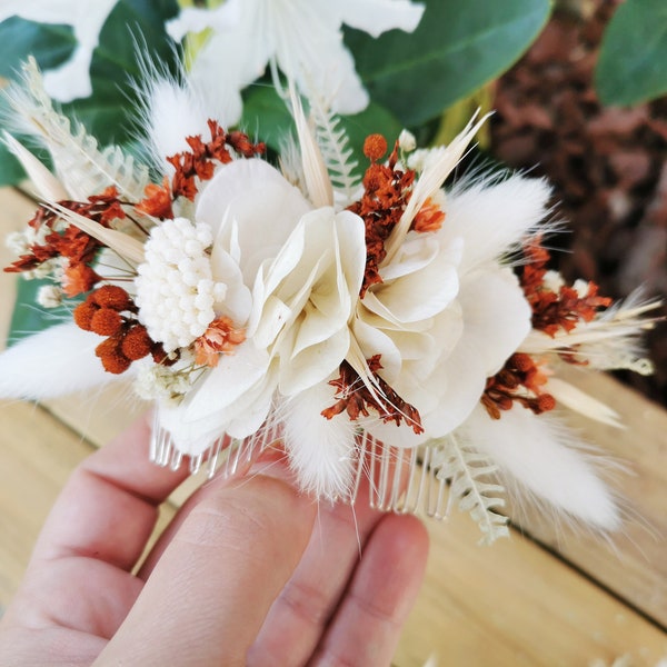 Peigne fleuri "Sofia" fleurs séchées et stabilisées ivoire et terracotta