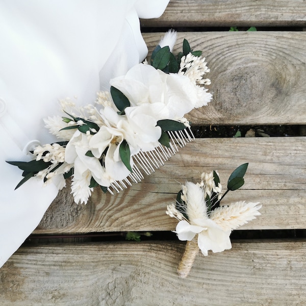 Peigne de mariée "Isidore" fleurs séchées et stabilisées ivoire, blanche et feuillage